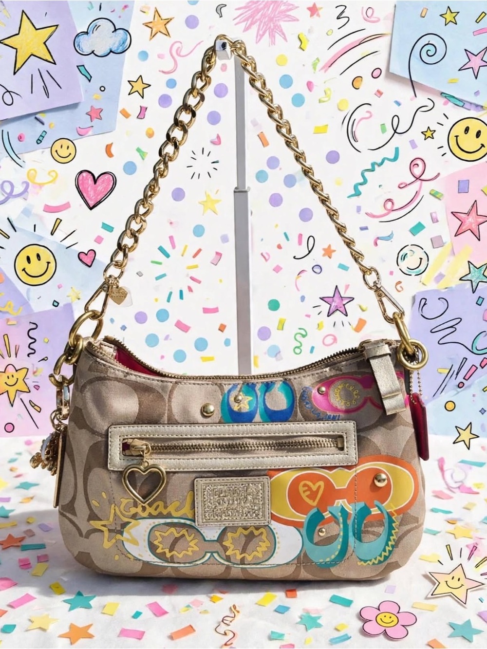 Coach Poppy H1282-F20029 Daisy Glam Graffiti Signature C Appliqué Bag Purse Y2K